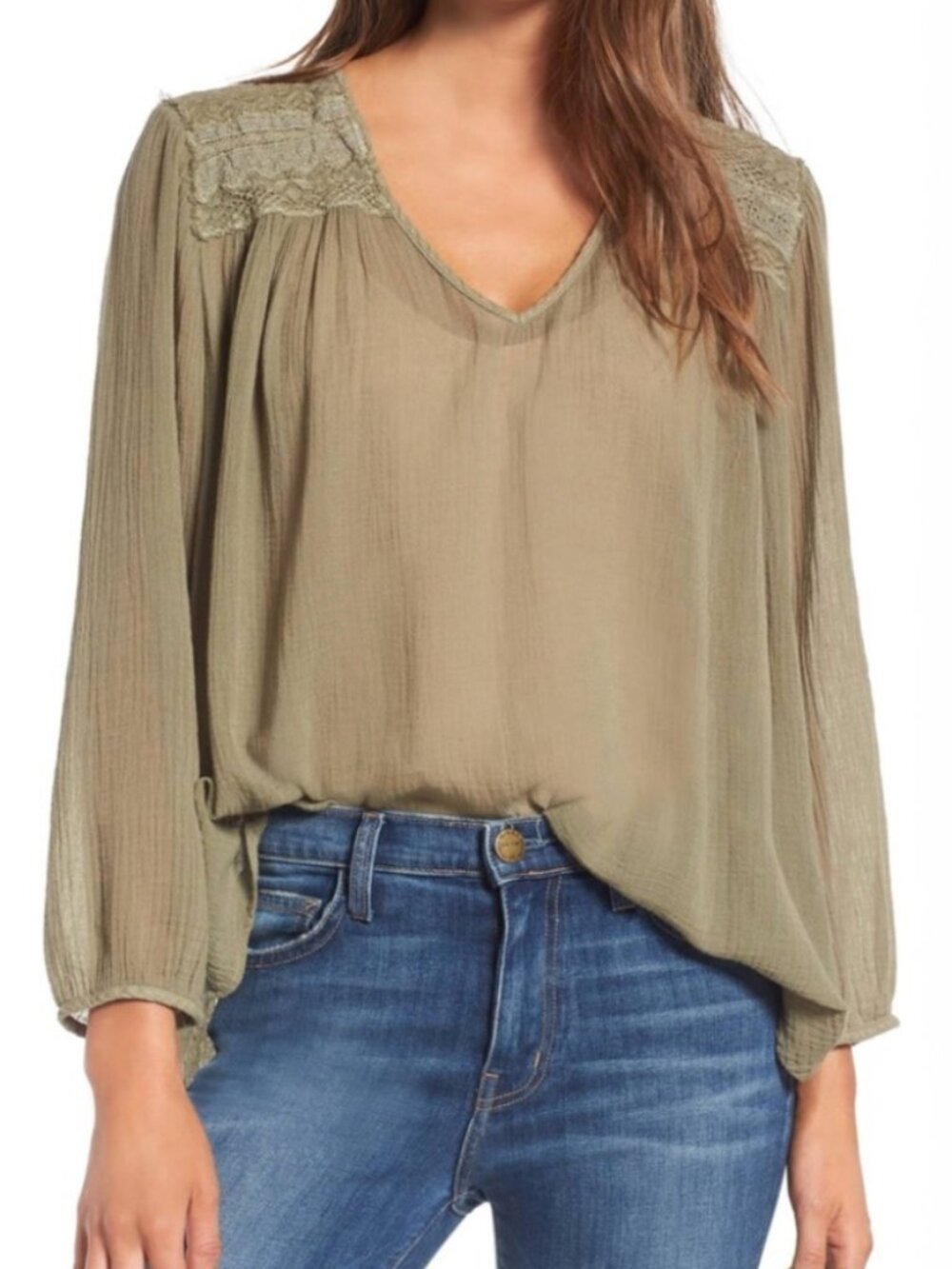 CURRENT ELLIOTT The Picnic Shirt Olive Green Large Gauzy Crochet Boho Casual